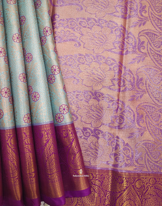 Ice Blue Tissue Bridal Semi Silk Saree With Violet Border