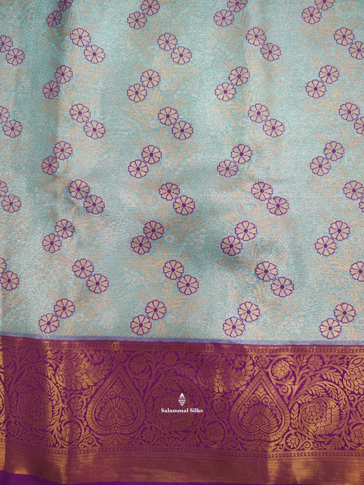 Ice Blue Tissue Bridal Semi Silk Saree With Violet Border