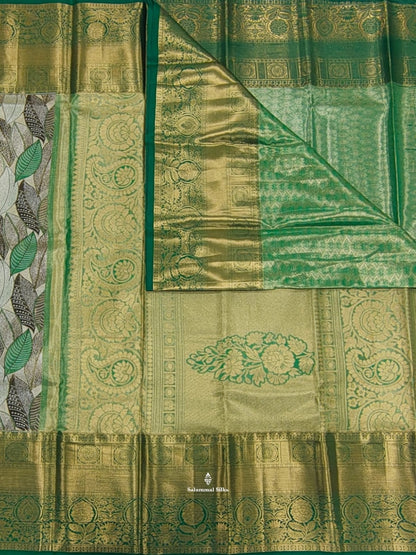 MultiColour Leafs Tissue Bridal Semi Silk Saree With Green Border