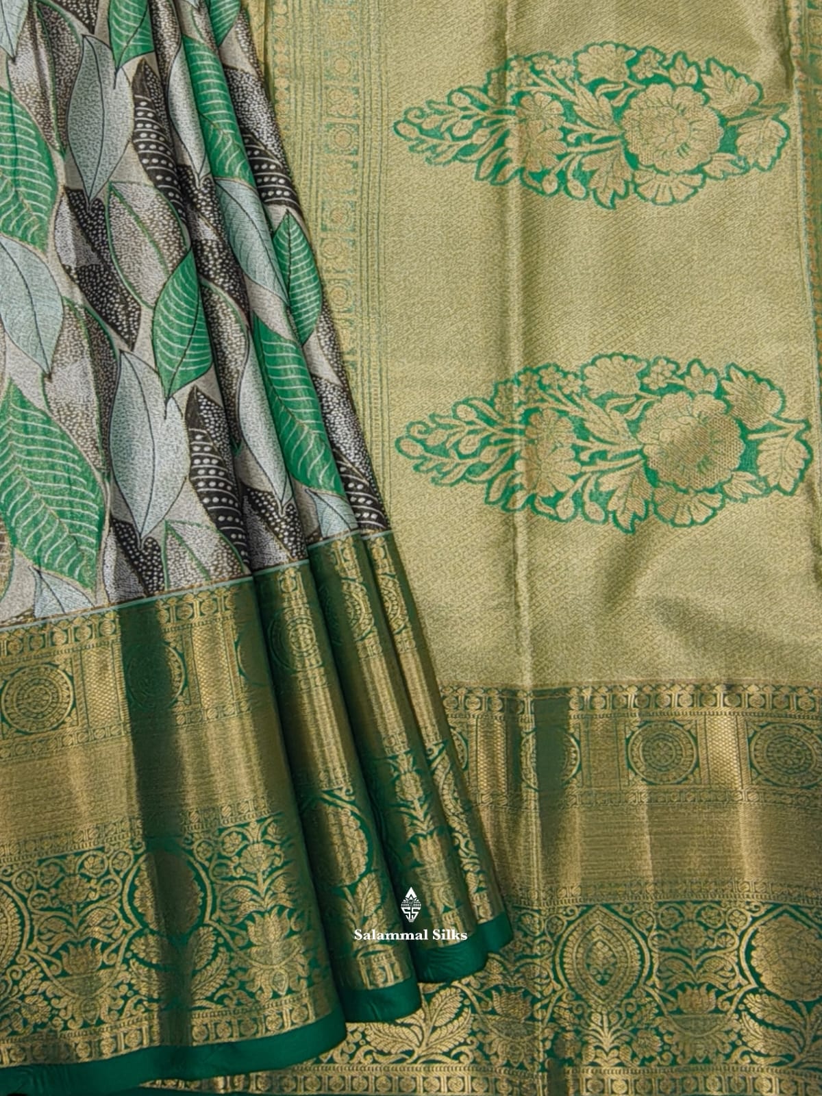 MultiColour Leafs Tissue Bridal Semi Silk Saree With Green Border