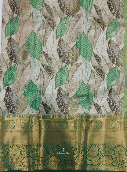 MultiColour Leafs Tissue Bridal Semi Silk Saree With Green Border