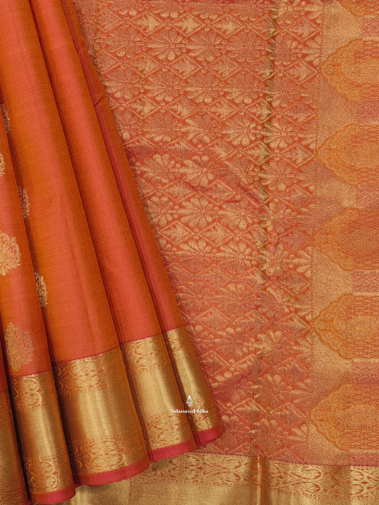 Kanjivaram Peach Orange Silk Saree With Blouse