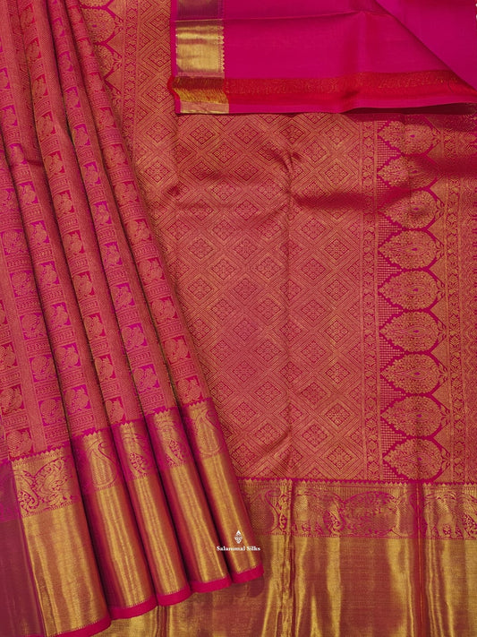 Kanjivaram Reddish Pink Beautiful Bridal Pure Silk Saree With Pink Blouse