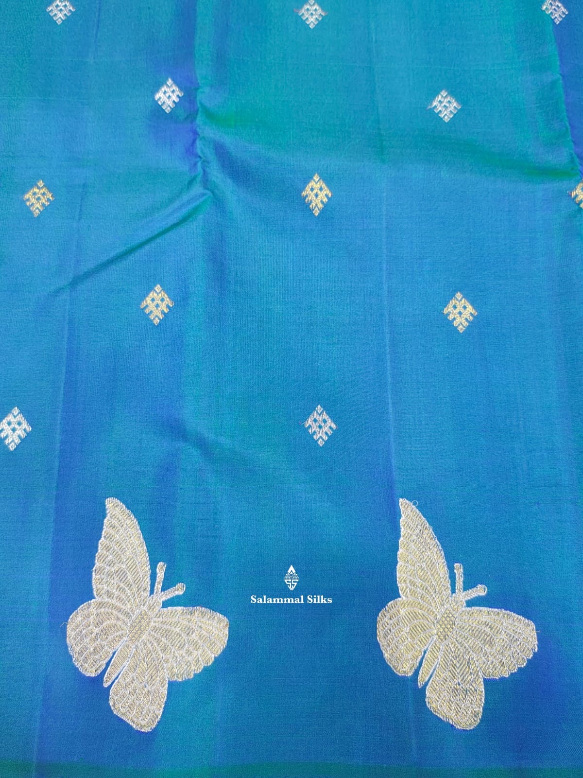 Kanjivaram Peacock Blue Pure Silk Saree Without Border