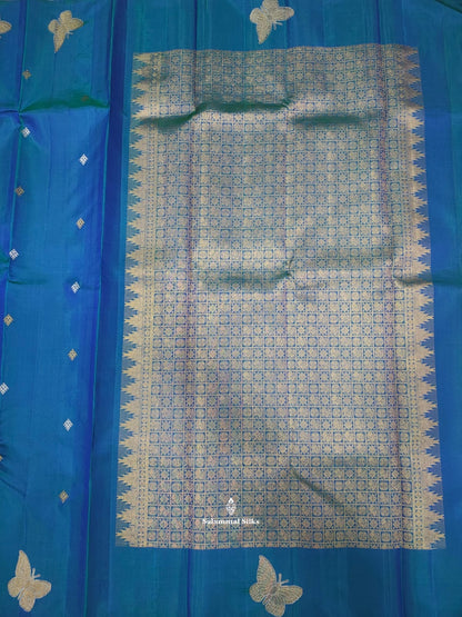 Kanjivaram Peacock Blue Pure Silk Saree Without Border