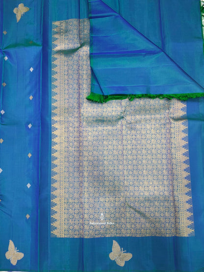 Kanjivaram Peacock Blue Pure Silk Saree Without Border