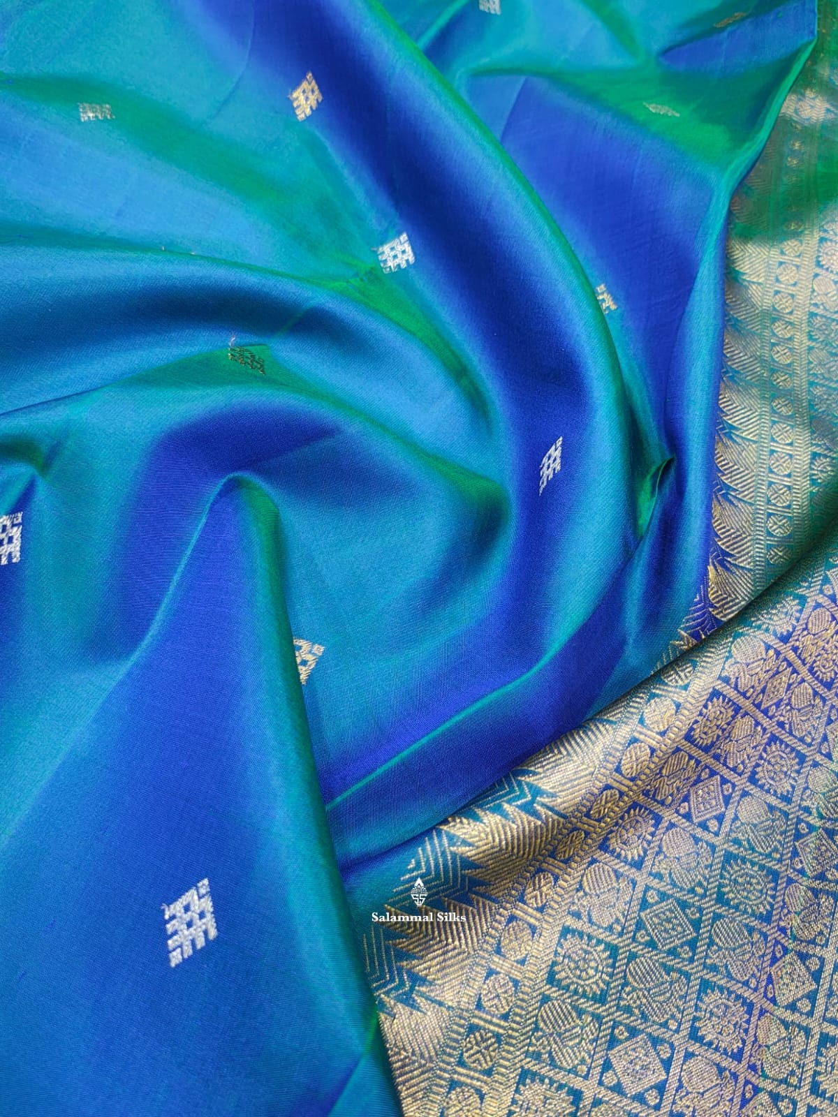 Kanjivaram Peacock Blue Pure Silk Saree Without Border