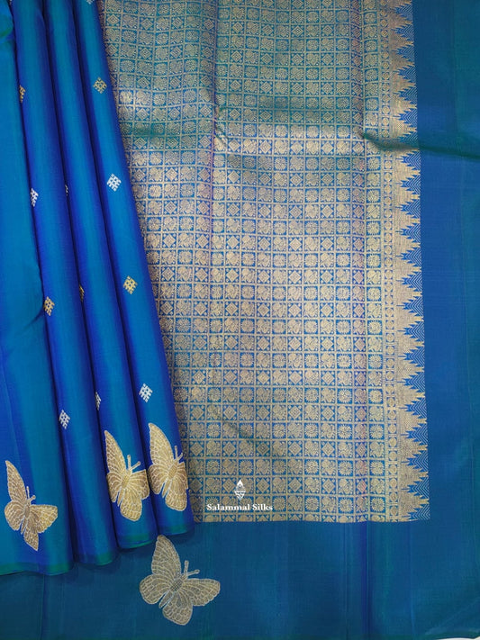 Kanjivaram Peacock Blue Pure Silk Saree Without Border