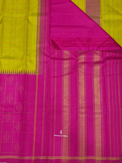 Kanjivaram Manthuli Green Half And Half Pure Silk Saree With Magenta Blouse