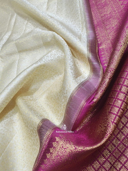 Kanjivaram Half White Bridal Pure Silk Saree With Magenta Border