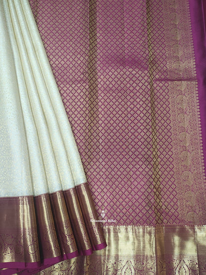 Kanjivaram Half White Bridal Pure Silk Saree With Magenta Border