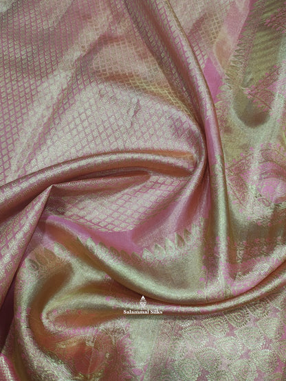 Kanjivaram Peach Bridal Pure Silk Saree With Baby Pink Border