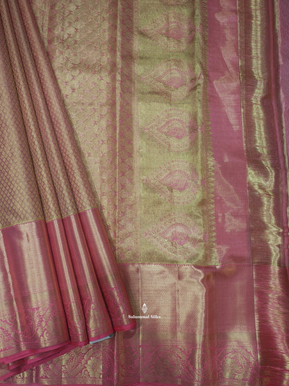 Kanjivaram Peach Bridal Pure Silk Saree With Baby Pink Border