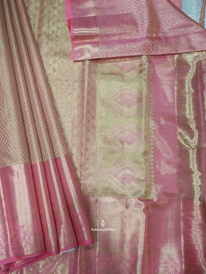 Kanjivaram Peach Bridal Pure Silk Saree With Baby Pink Border