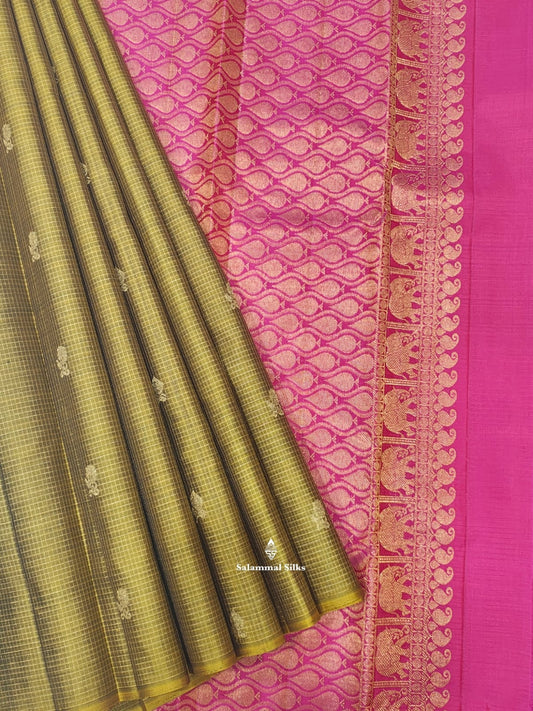 Kanjivaram Manthuli Green Checks Fancy Pure Silk Saree Without Border