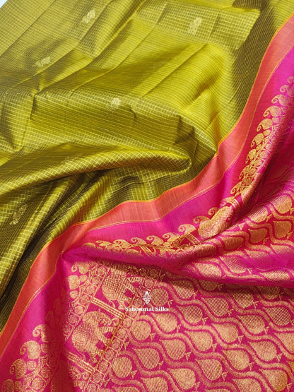 Kanjivaram Manthuli Green Checks Fancy Pure Silk Saree Without Border