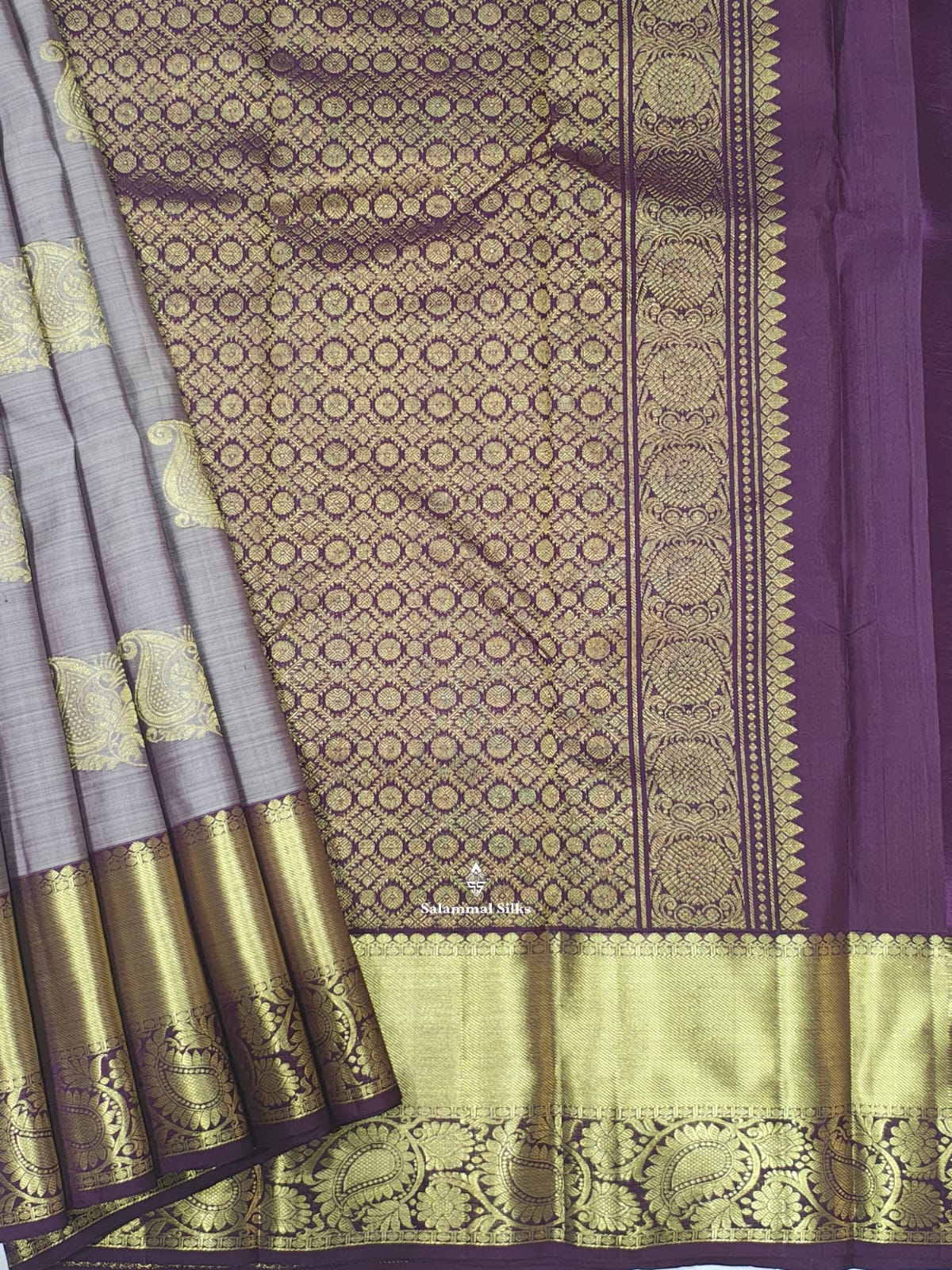 Kanjivaram Ash Pure Silk Saree With Purple Violet Border