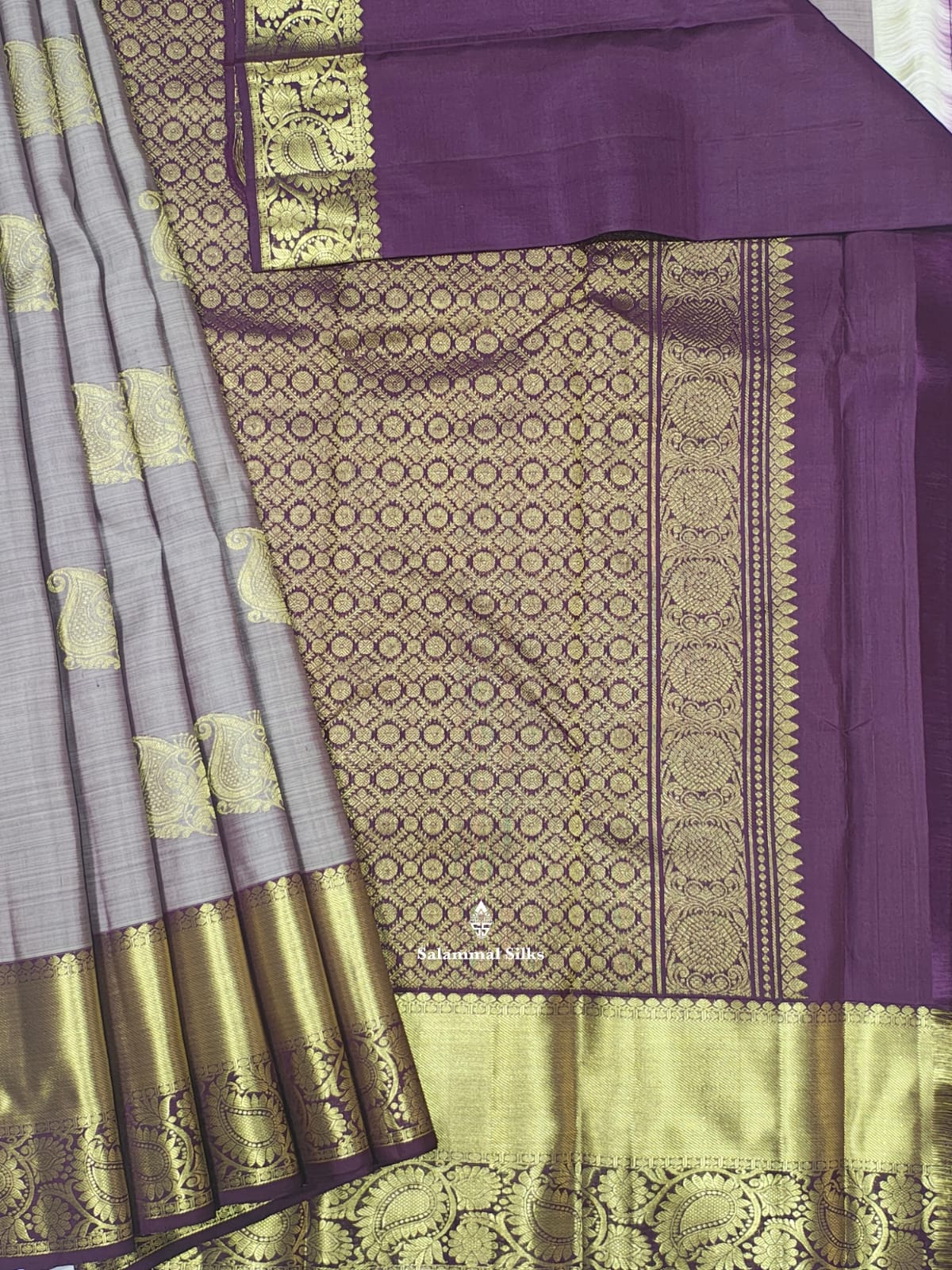 Kanjivaram Ash Pure Silk Saree With Purple Violet Border