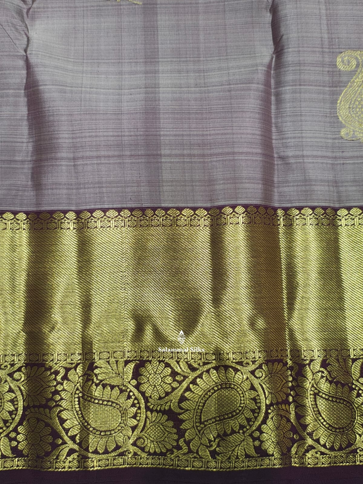 Kanjivaram Ash Pure Silk Saree With Purple Violet Border