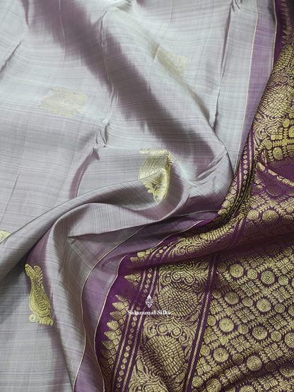 Kanjivaram Ash Pure Silk Saree With Purple Violet Border