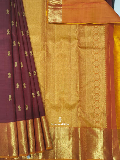 Kanjivaram Maroon Pure Silk Saree With Mustard Yellow Border