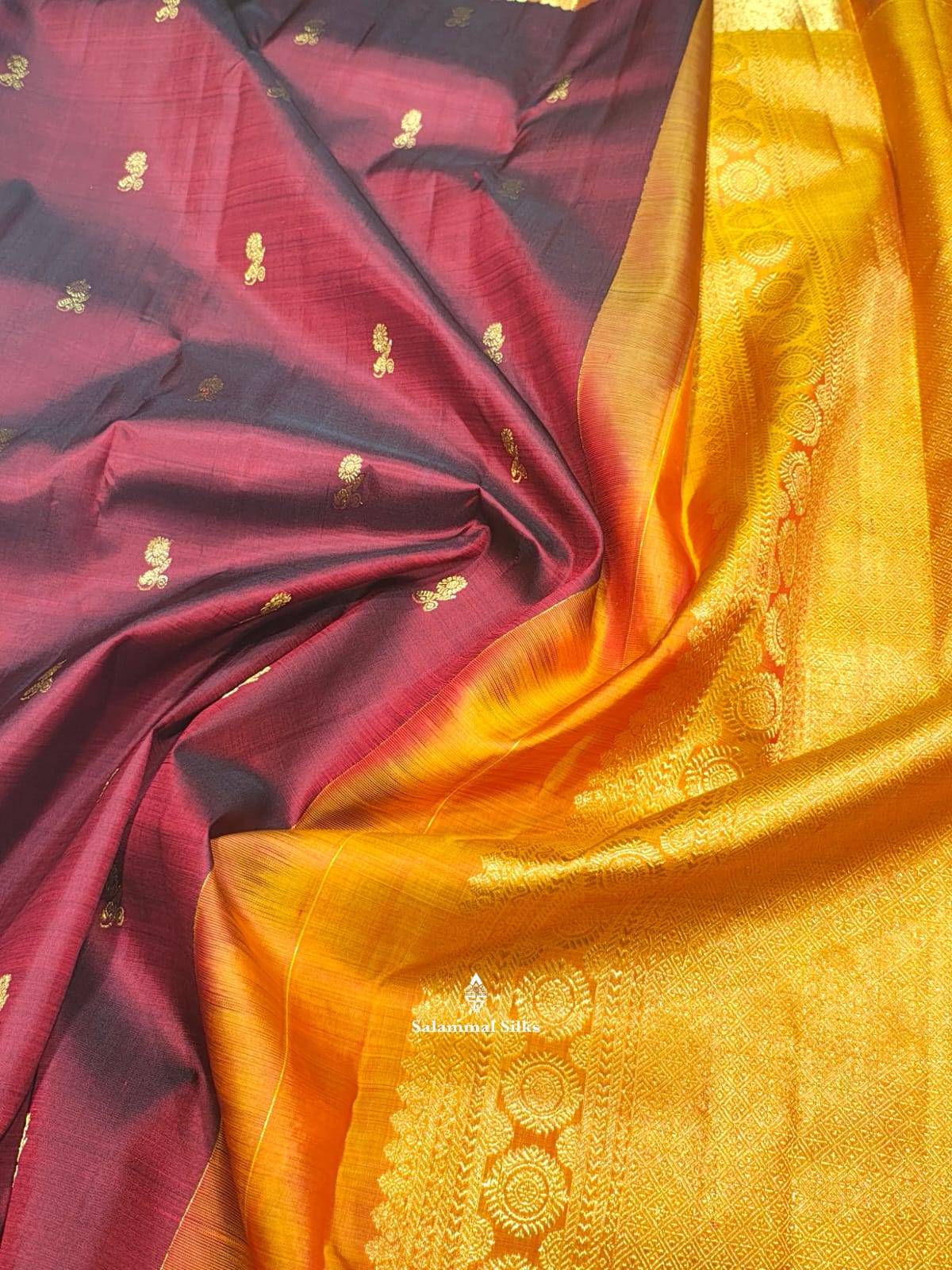 Kanjivaram Maroon Pure Silk Saree With Mustard Yellow Border