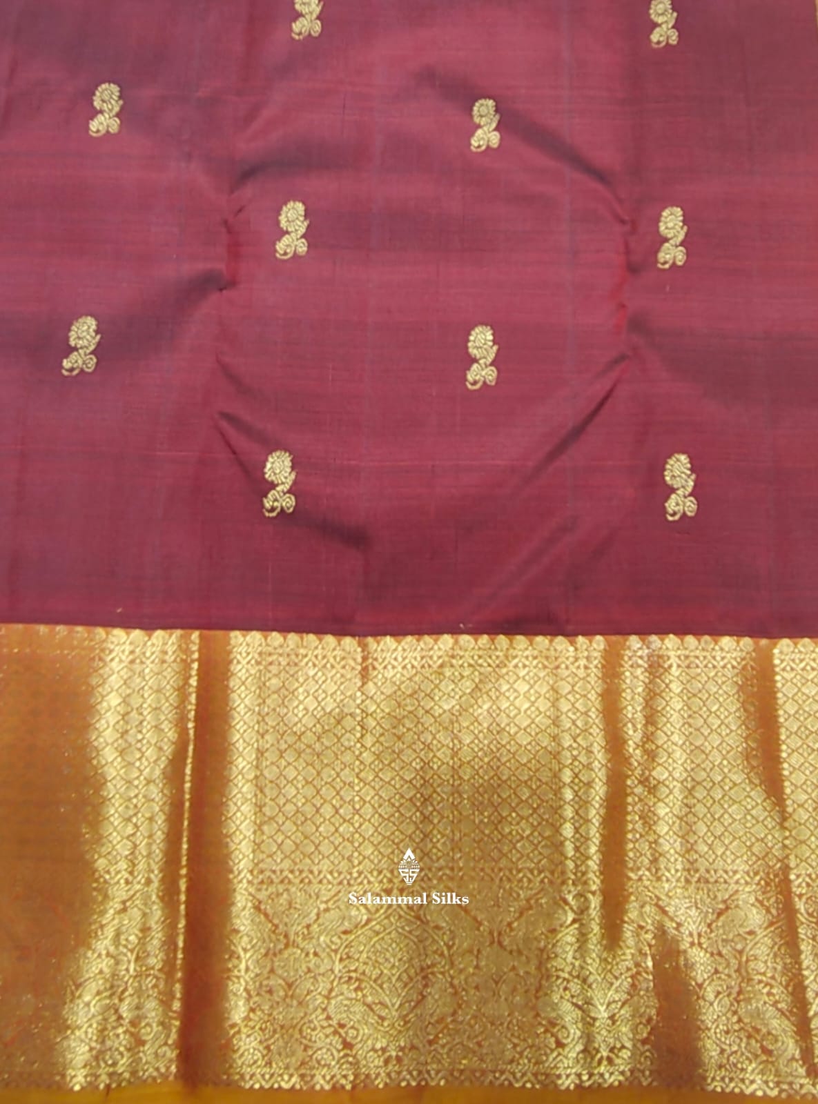 Kanjivaram Maroon Pure Silk Saree With Mustard Yellow Border