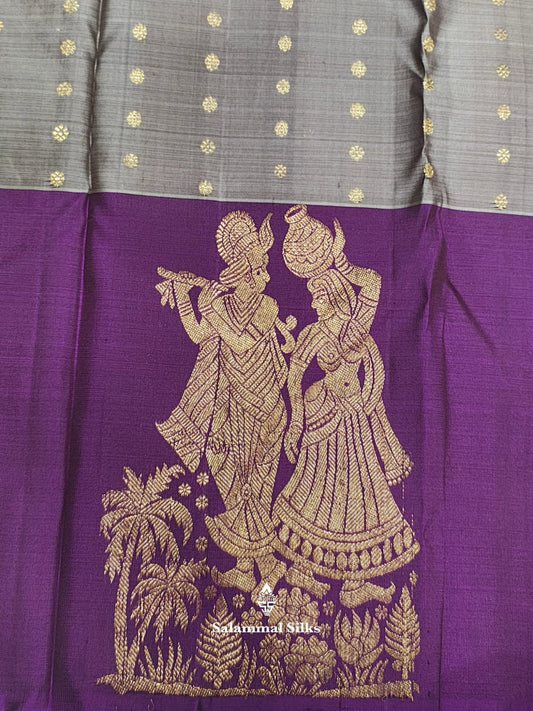 Kanjivaram Grey Fancy Pure Silk Saree With Violet Border