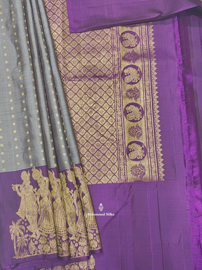 Kanjivaram Grey Fancy Pure Silk Saree With Violet Border