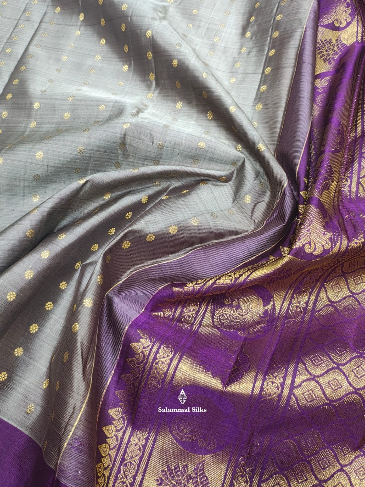 Kanjivaram Grey Fancy Pure Silk Saree With Violet Border