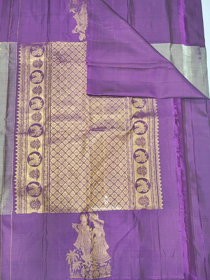 Kanjivaram Grey Fancy Pure Silk Saree With Violet Border