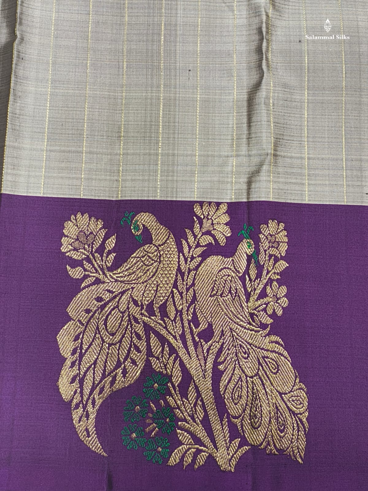 Kanjivaram Grey Zari Lines Fancy Pure Silk Saree With Violet One Side Border