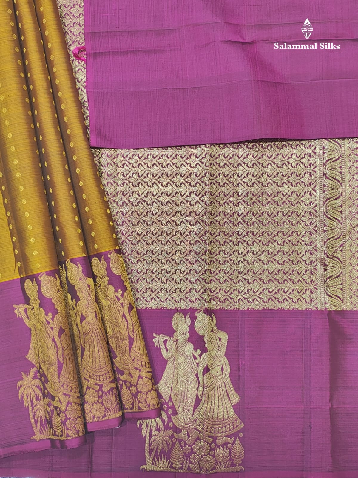 Kanjivaram Mustard Yellow Fancy Pure Silk Saree With Violet Border