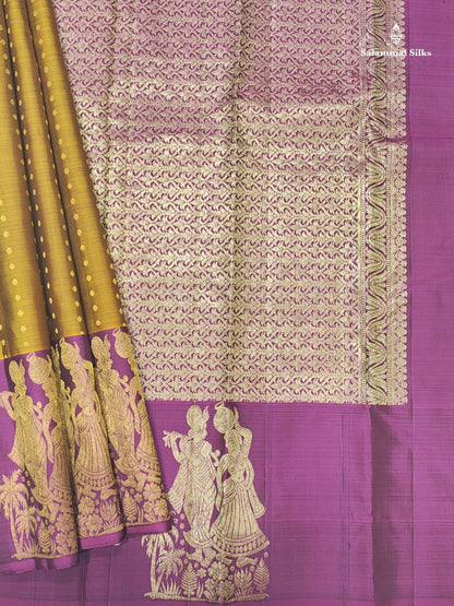 Kanjivaram Mustard Yellow Fancy Pure Silk Saree With Violet Border