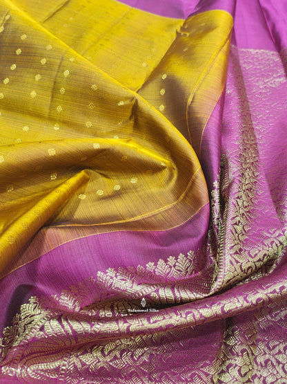 Kanjivaram Mustard Yellow Fancy Pure Silk Saree With Violet Border