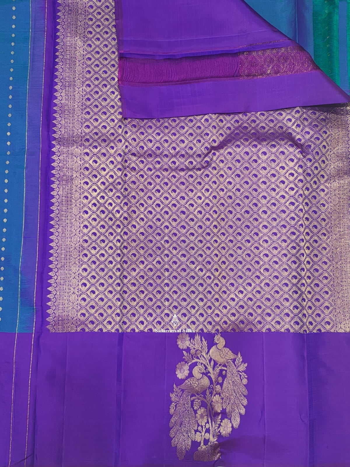 Kanjivaram Peaccock Blue Fancy Pure Silk Saree With Violet Border