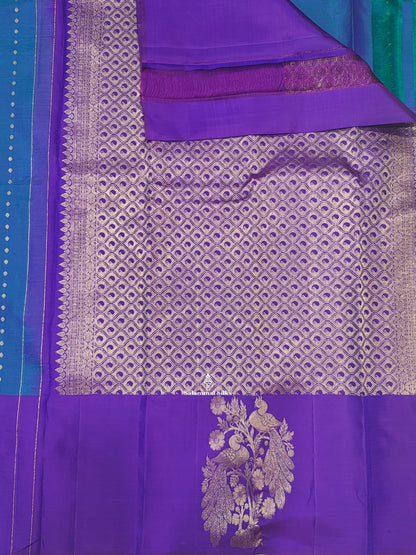 Kanjivaram Peaccock Blue Fancy Pure Silk Saree With Violet Border