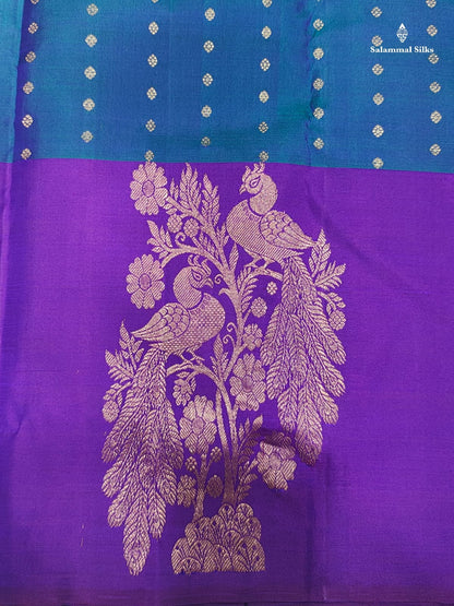 Kanjivaram Peaccock Blue Fancy Pure Silk Saree With Violet Border