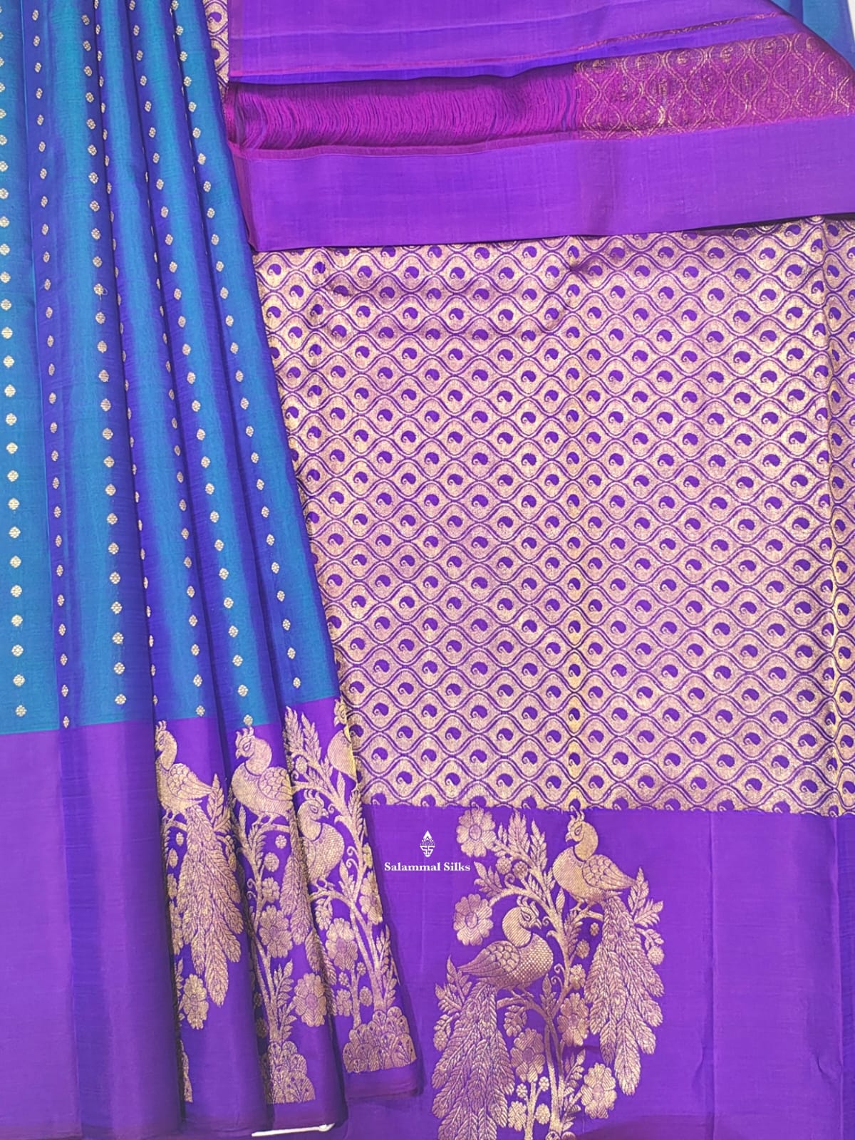 Kanjivaram Peaccock Blue Fancy Pure Silk Saree With Violet Border