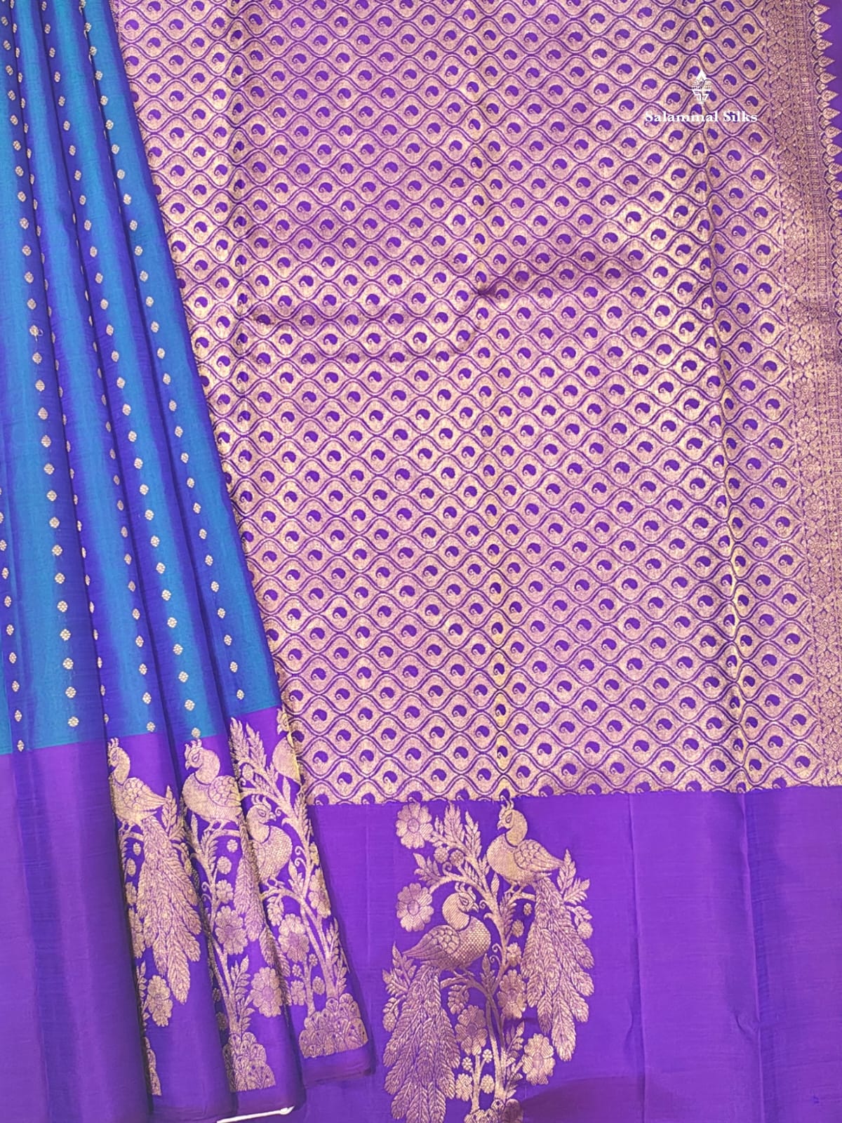 Kanjivaram Peaccock Blue Fancy Pure Silk Saree With Violet Border