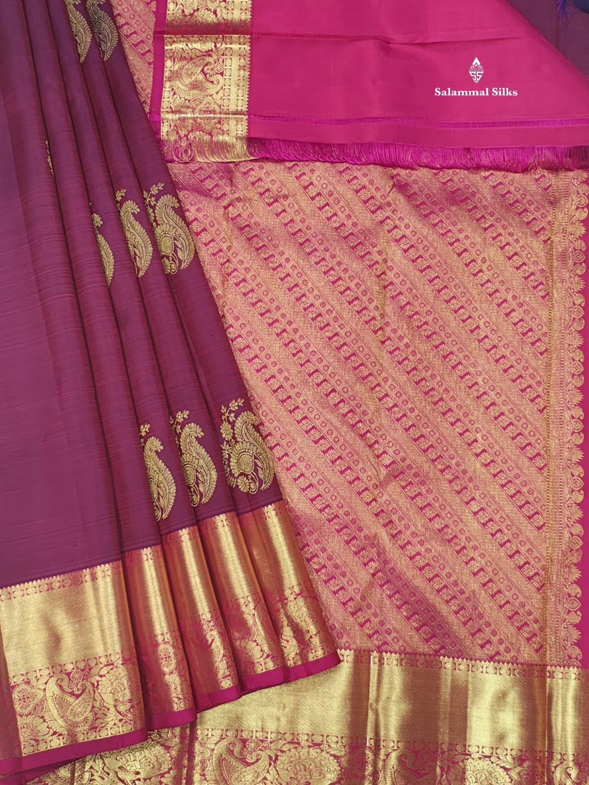 Kanjivaram Violet Pure Silk Saree WithMagenta Rose Border