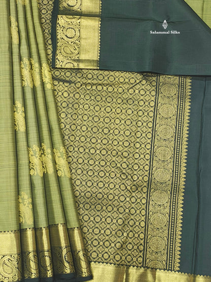 Kanjivaram Moss Green Pure Silk Saree With Bottle Green Border