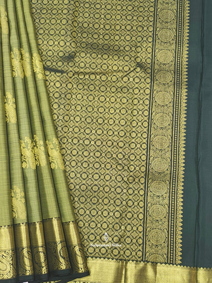 Kanjivaram Moss Green Pure Silk Saree With Bottle Green Border