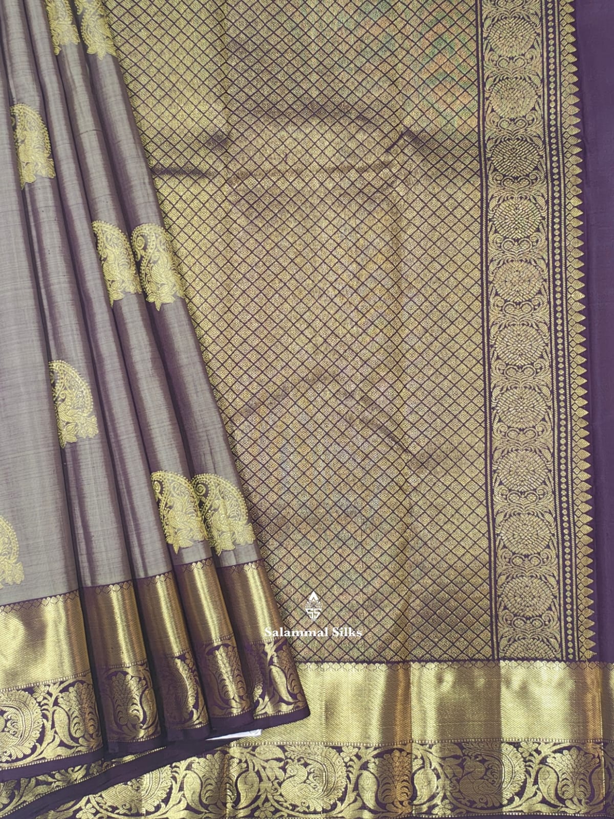 Kanjivaram Grey Sade Pure Silk Saree With Purple Violet Border