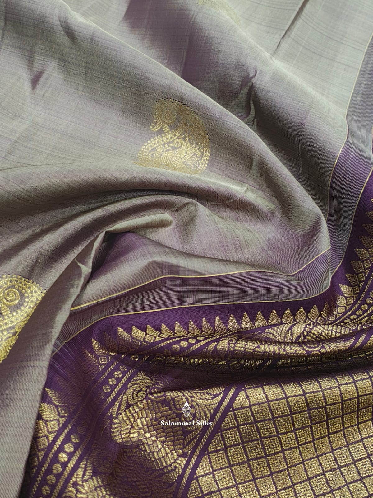 Kanjivaram Grey Sade Pure Silk Saree With Purple Violet Border