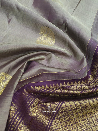 Kanjivaram Grey Sade Pure Silk Saree With Purple Violet Border