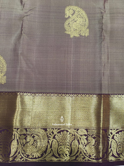 Kanjivaram Grey Sade Pure Silk Saree With Purple Violet Border