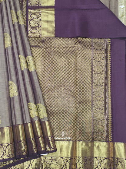 Kanjivaram Grey Sade Pure Silk Saree With Purple Violet Border