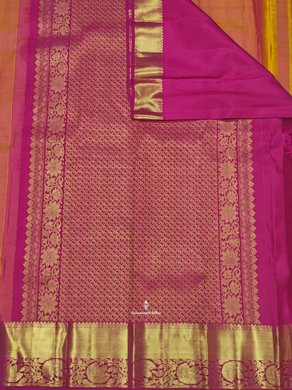 Kanjivaram Pinkkish Peach Pure Silk Saree With Magenta Rose Border