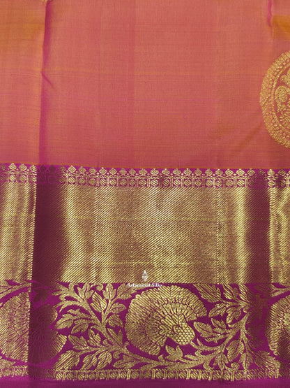 Kanjivaram Pinkkish Peach Pure Silk Saree With Magenta Rose Border